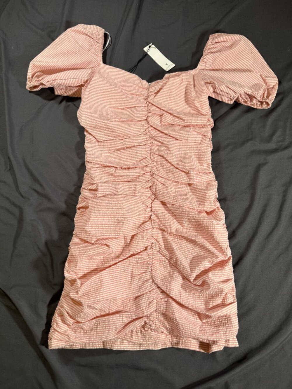 Willow & Clay Pink Seersucker Ruched Puff Sleeve Bodycon Mini Dress Womens M NWT - Picture 2 of 10